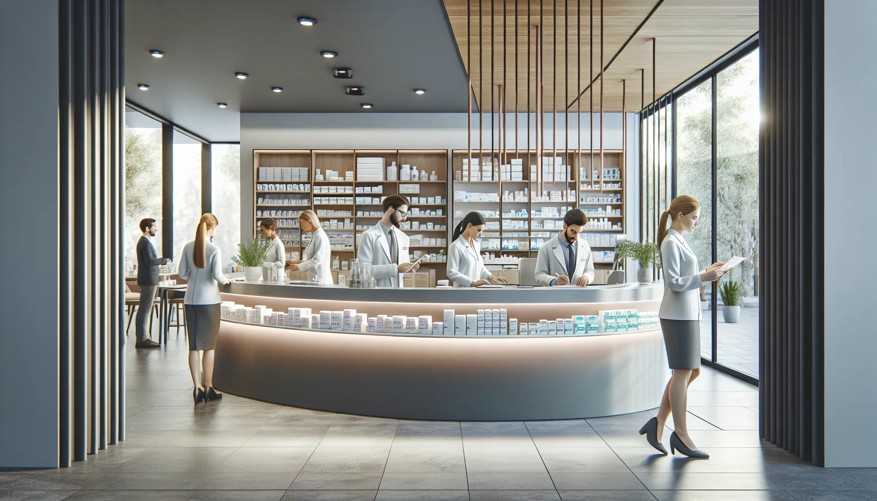 reception area of Theracom Pharmacy with staff assisting customers.