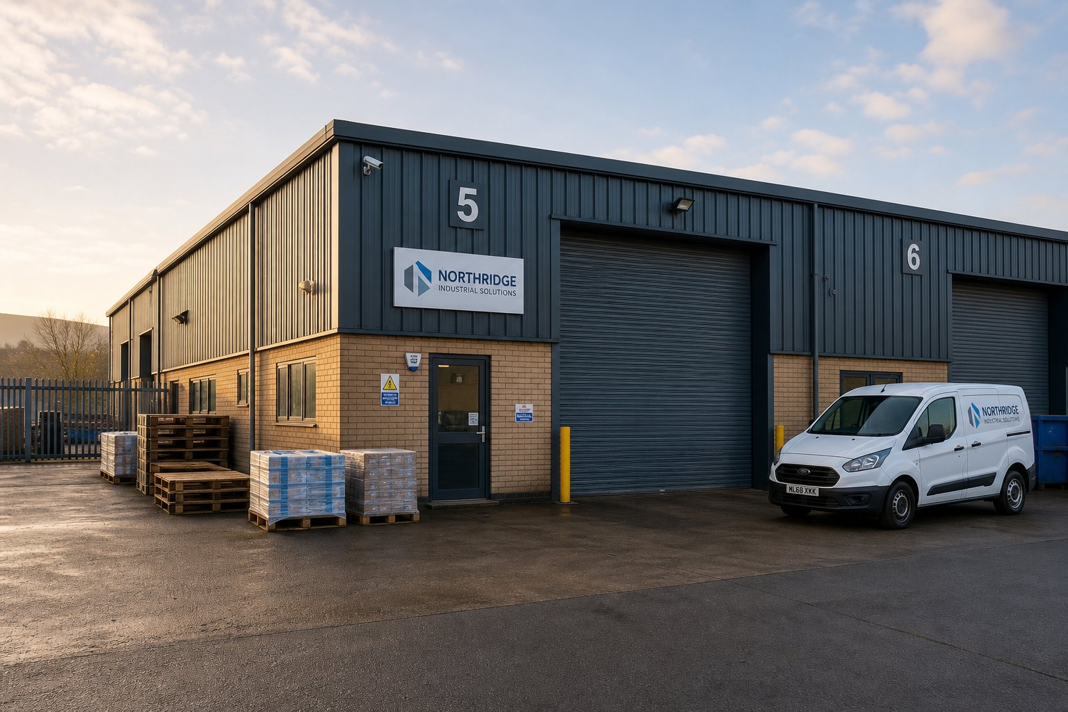 Industrial unit with roller doors and yard area under soft morning light.