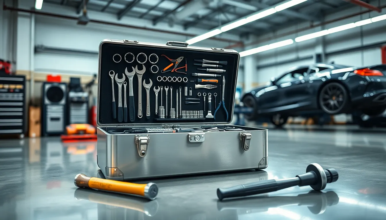 automobile workshop with organized hand tools in a professional setting.