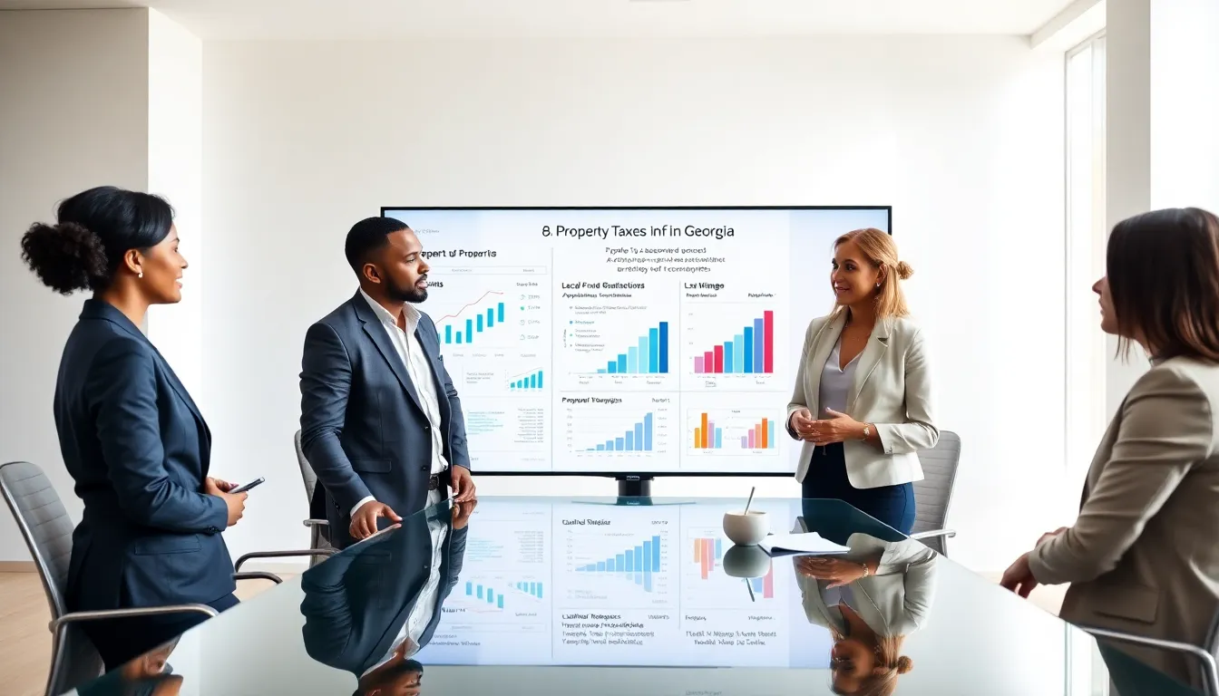 diverse professionals discussing property taxes in a modern office.