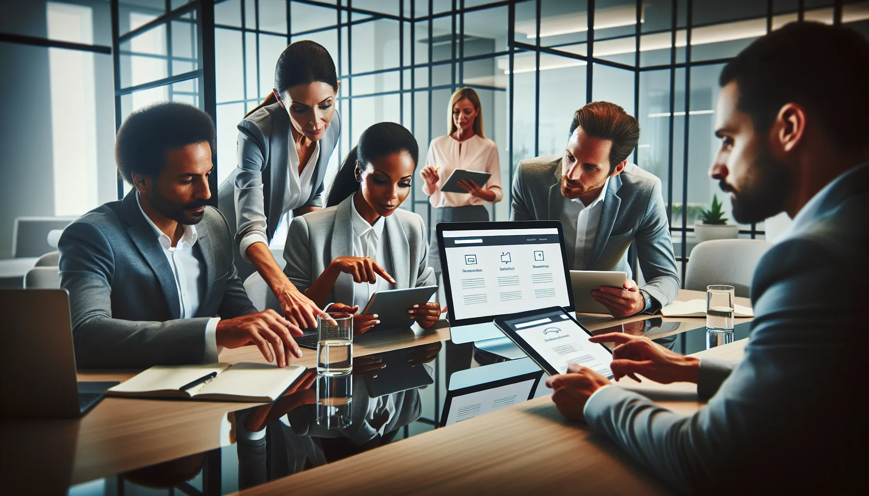 diverse team exploring Samuvine.com on digital devices in a modern office.