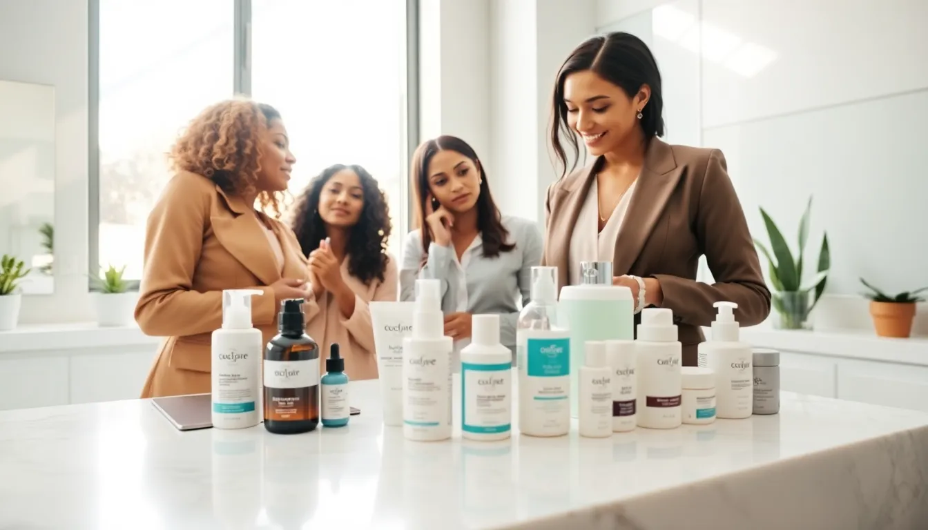 women discussing skincare products for oily skin in a modern bathroom.