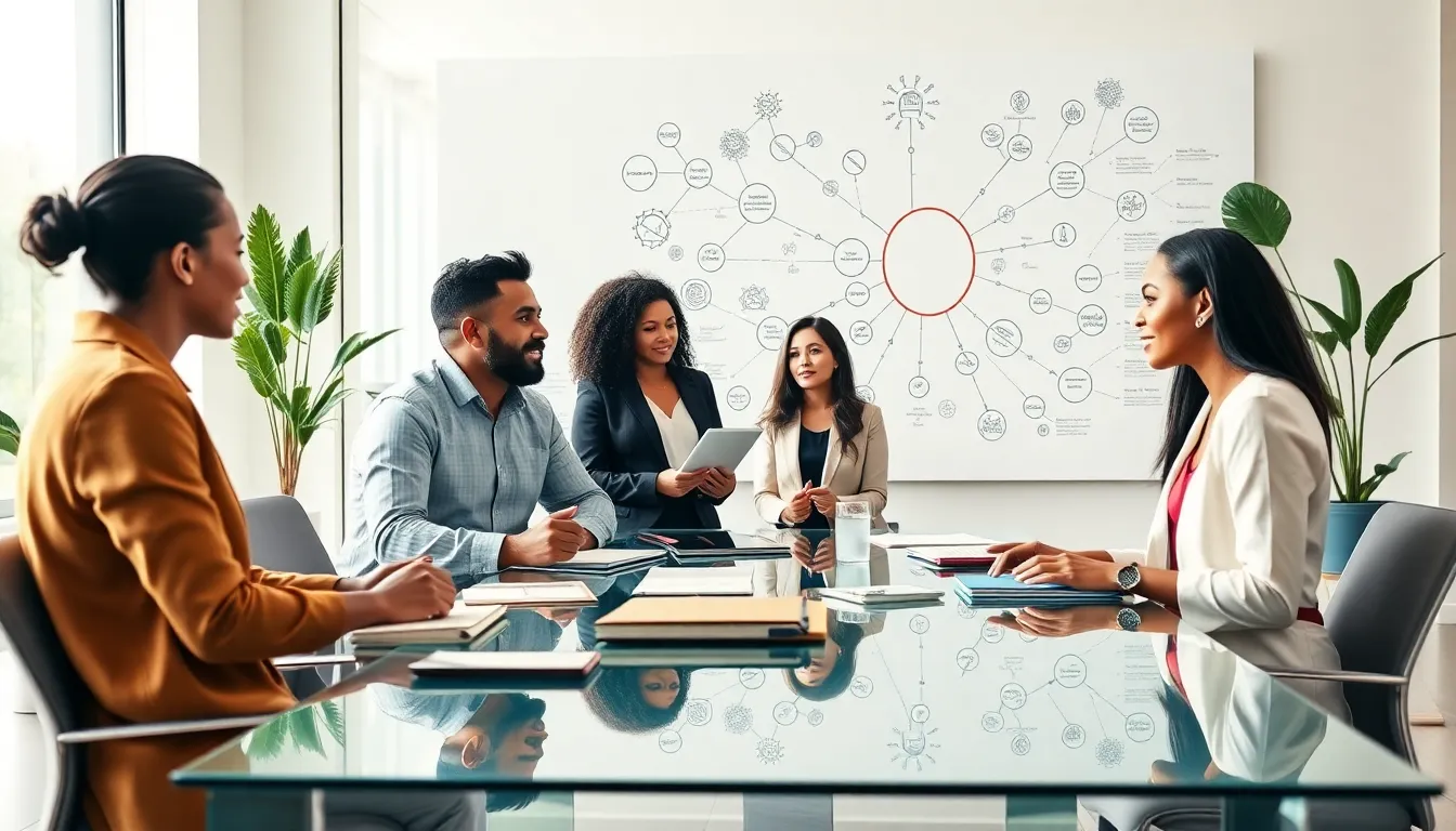 Diverse professionals discussing the concept of duvjohzoxpu in a modern office.