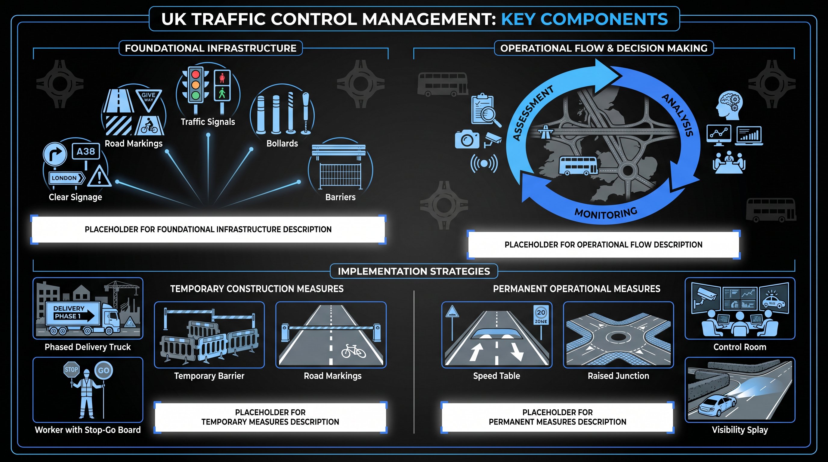 Vertical infographic showing traffic control management components, assessment cycle, and mitigation measures in UK context.