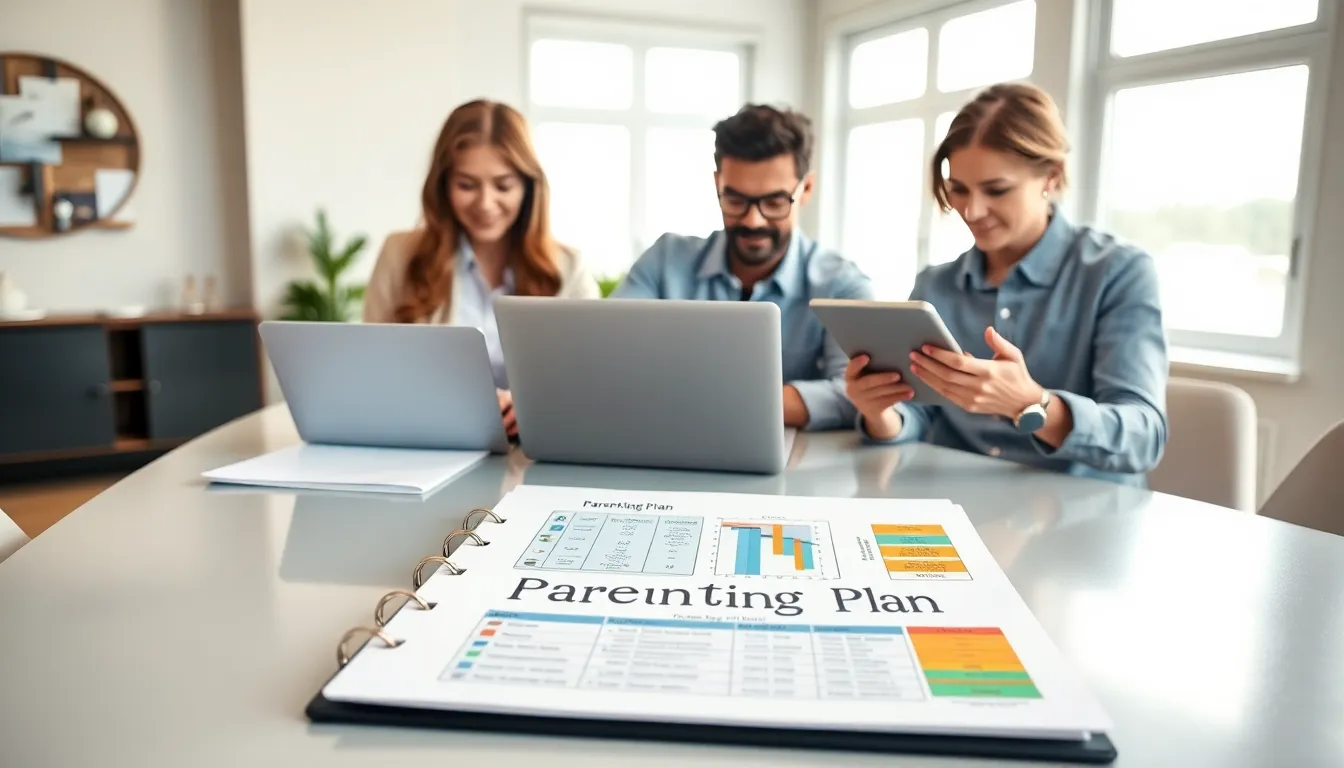 two parents discussing a parenting plan at a modern table.