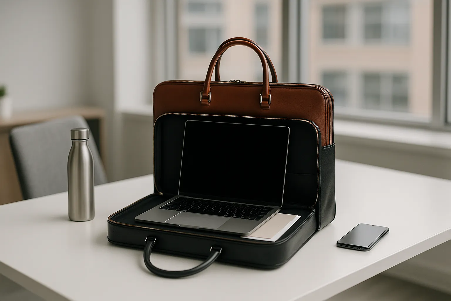 Slim leather briefcase on a modern white desk with laptop and essentials.