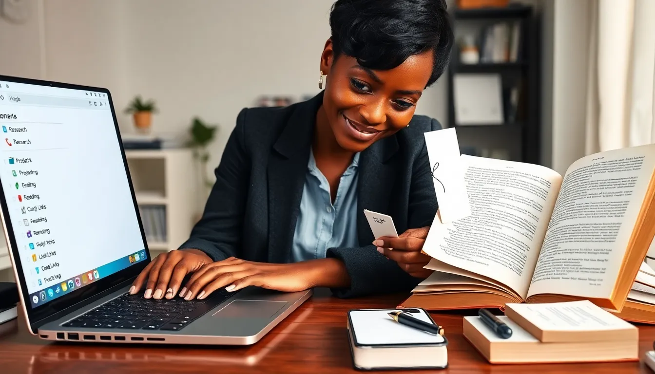 Woman organizing digital and paper bookmarks at a sunlit home office desk.
