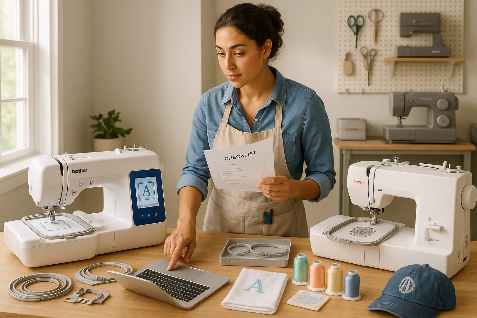 Woman comparing embroidery machines and hoops in a bright craft room.