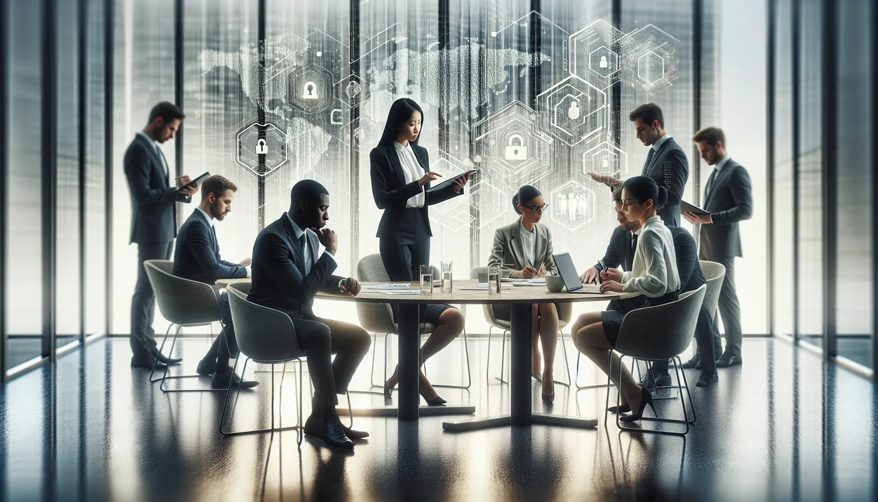 diverse team discussing data security in a modern office.