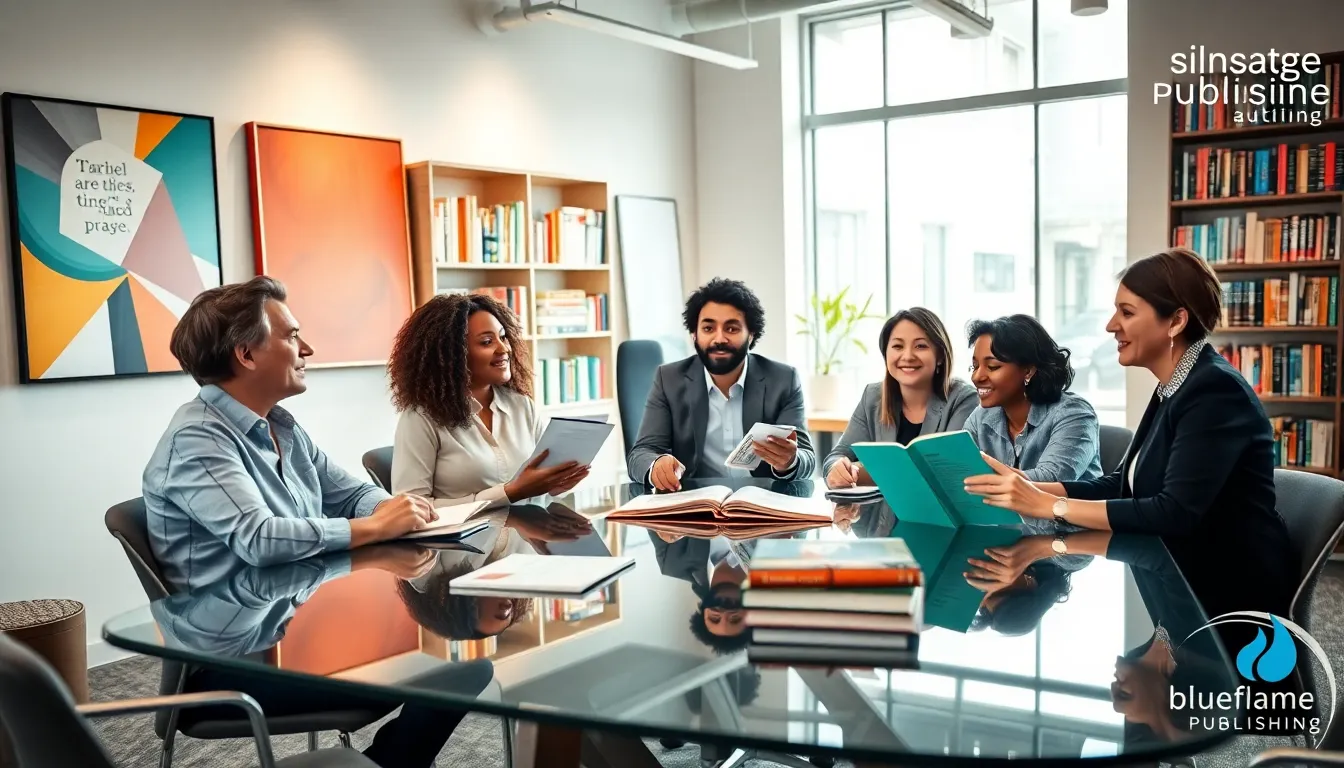diverse group of authors collaborating in a publishing office.