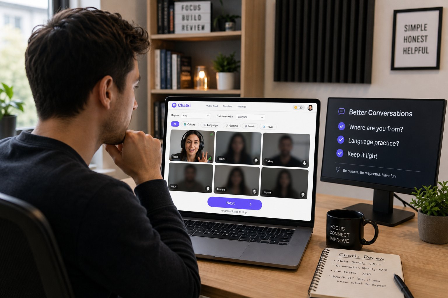 Professional using video chat app with filters and skip button on laptop.