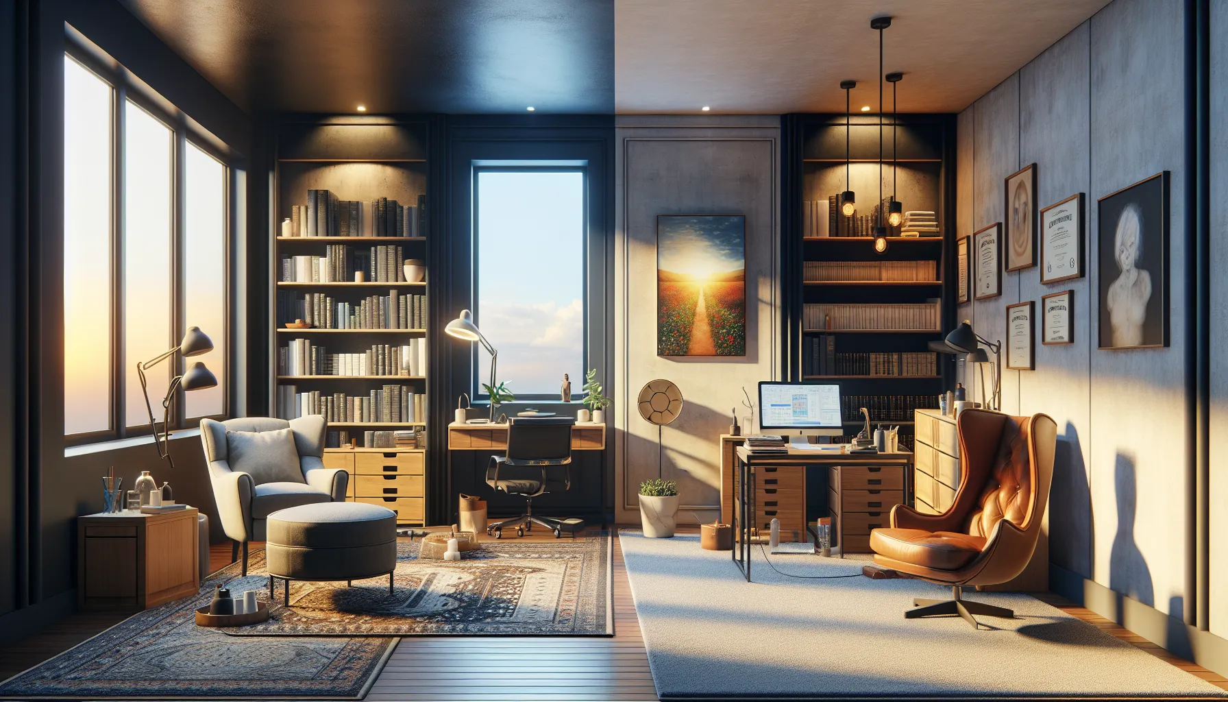 A visually split image of a psychotherapist's and psychologist's distinct offices.