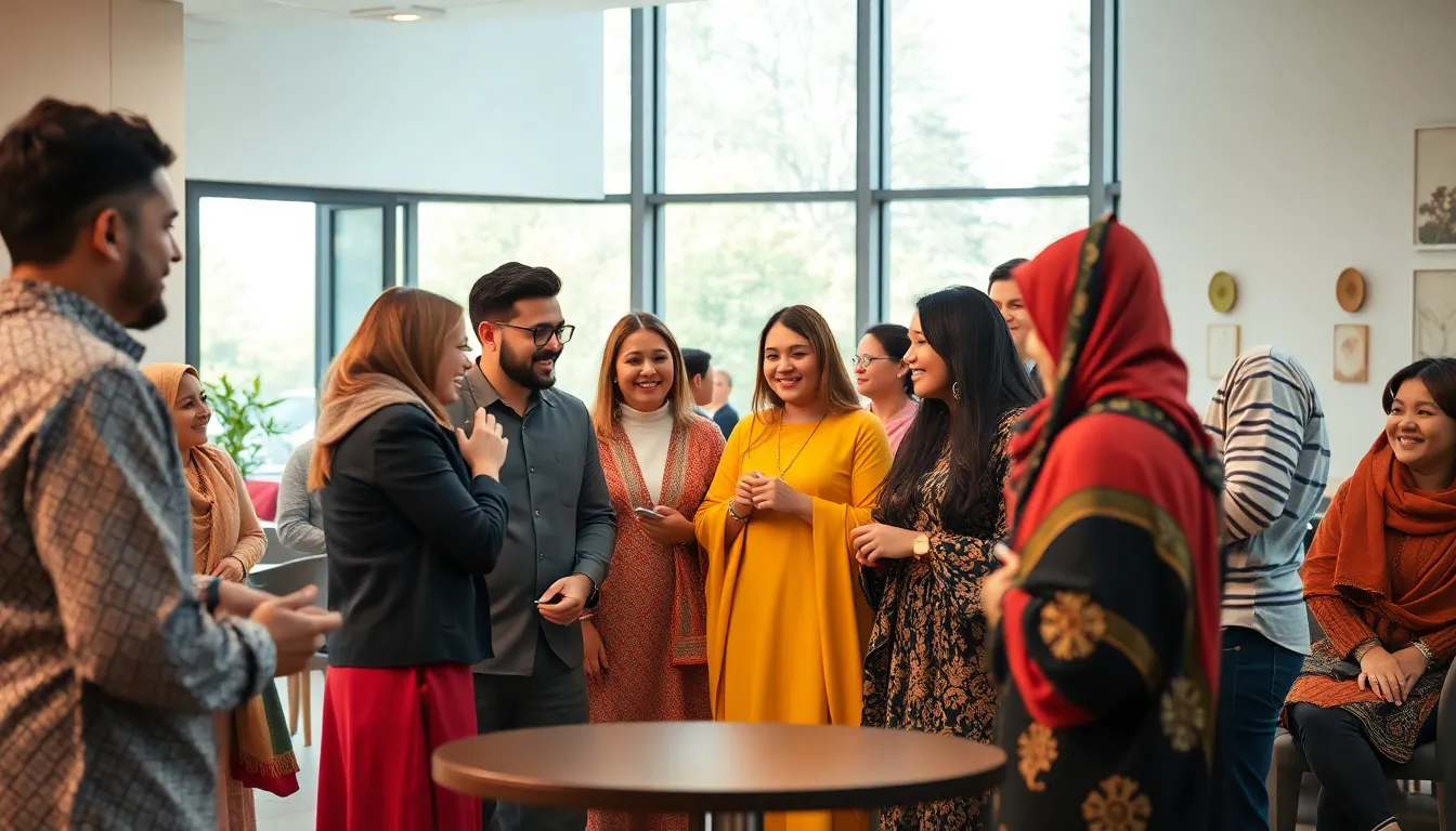 diverse group celebrating Kläntür in a modern community space.