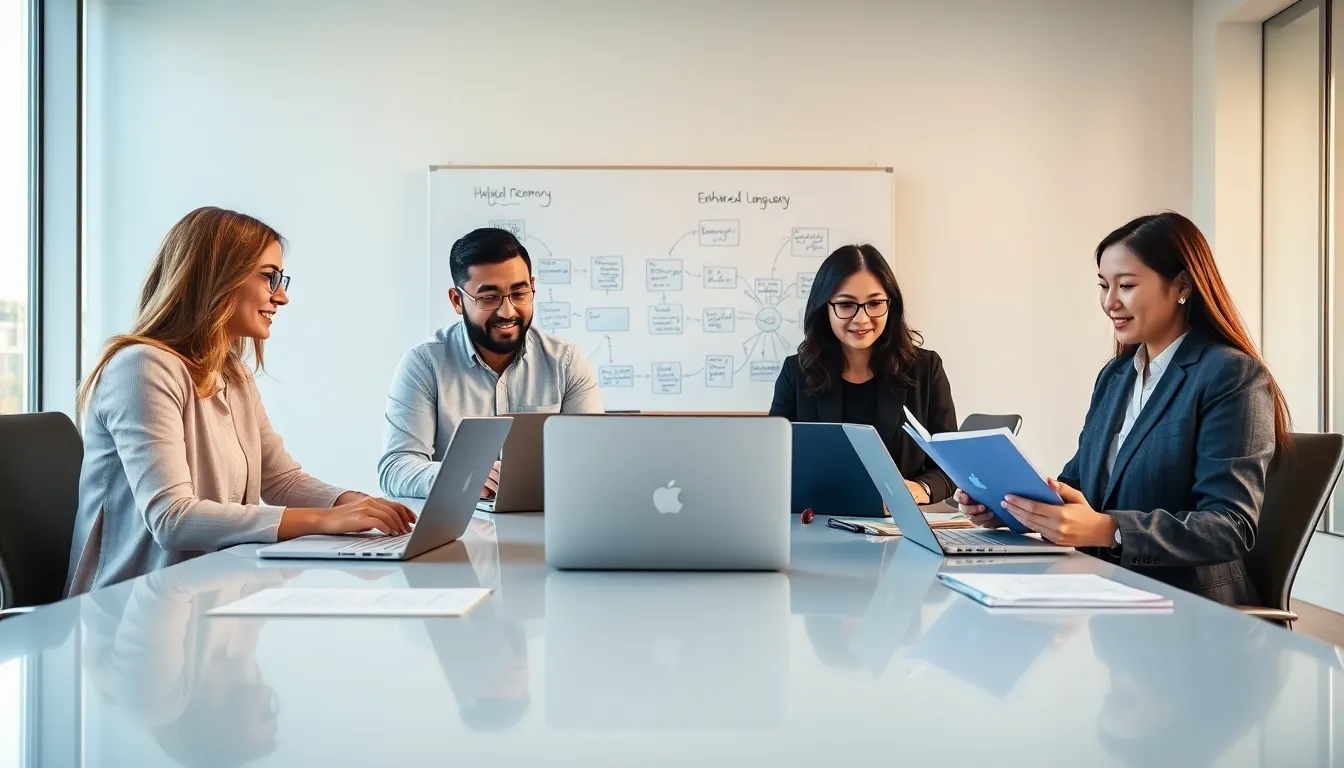 diverse group learning a new language in a modern office setting.