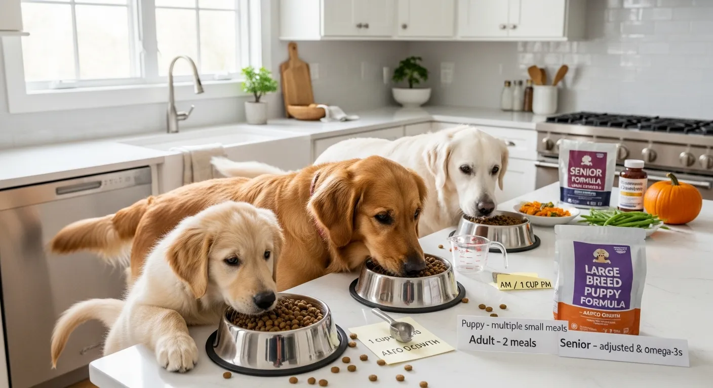 Puppy, adult, and senior Golden Retrievers eating different age-appropriate foods in a kitchen.