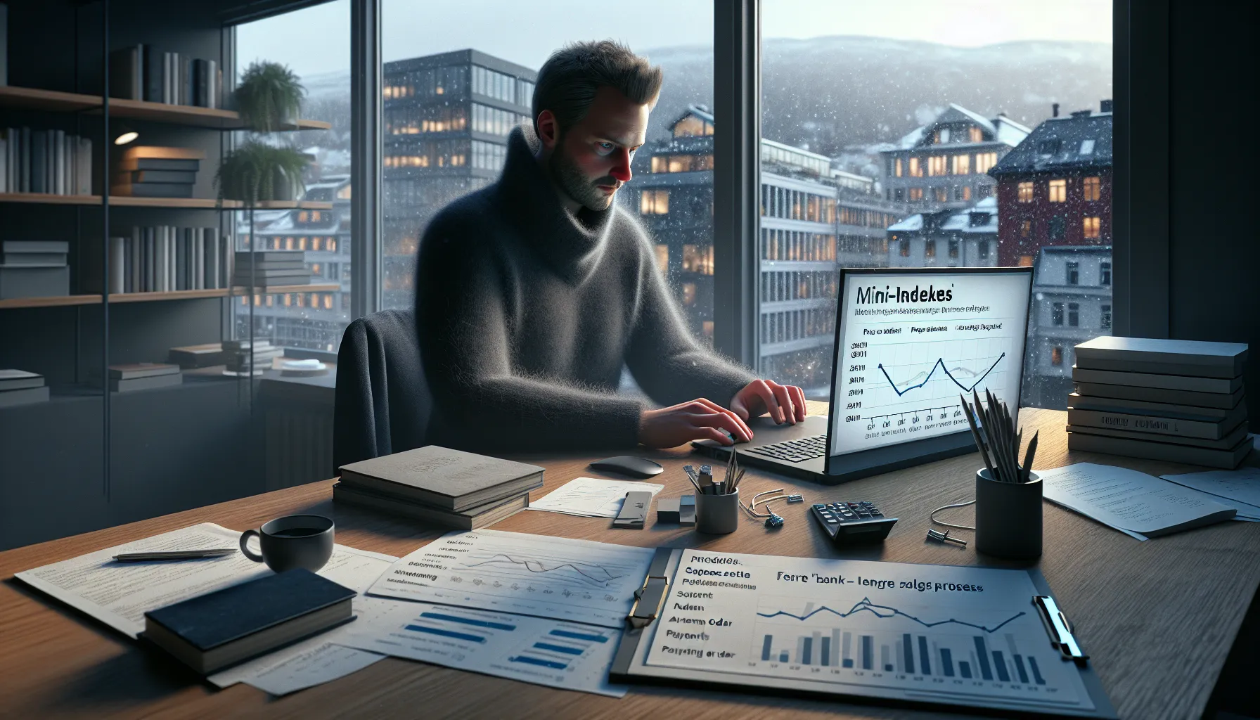 Norwegian entrepreneur studying a weekly business dashboard as market indicators decline.