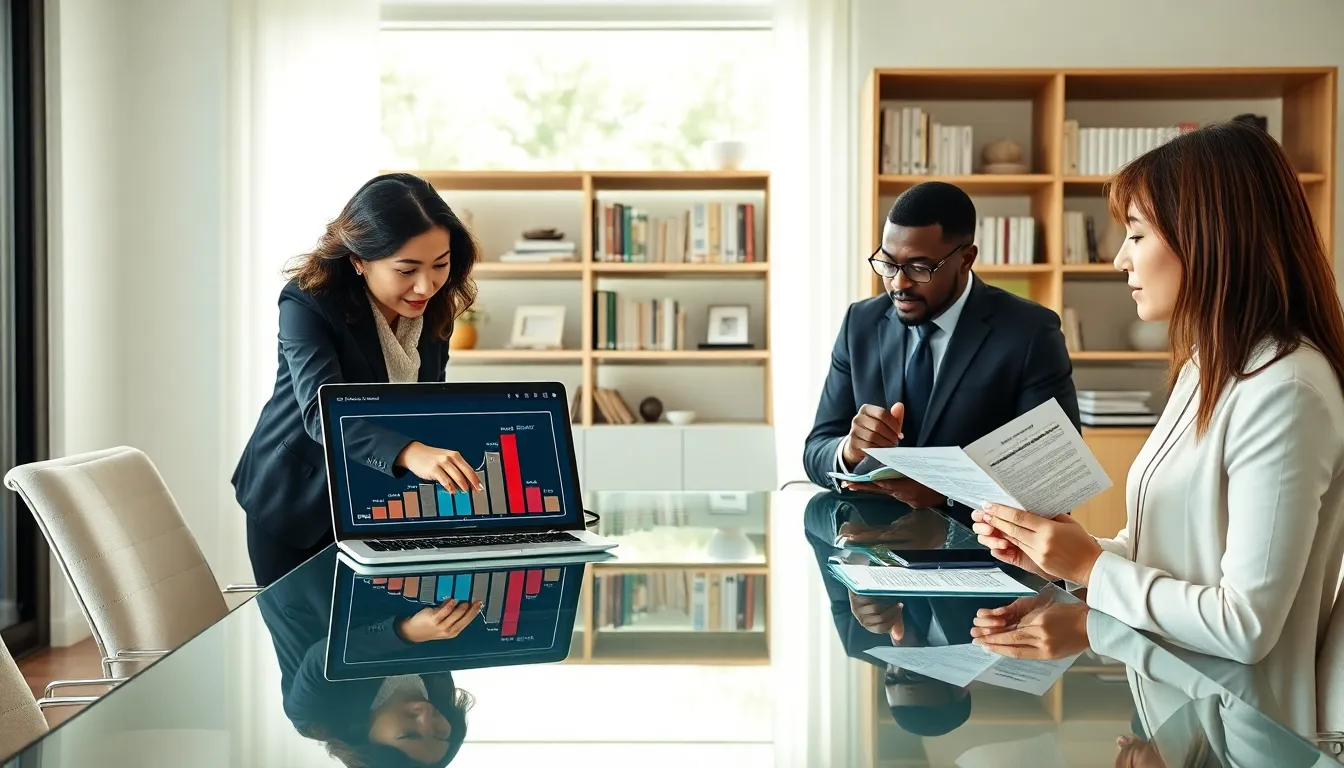 diverse professionals discussing home equity in a modern office.