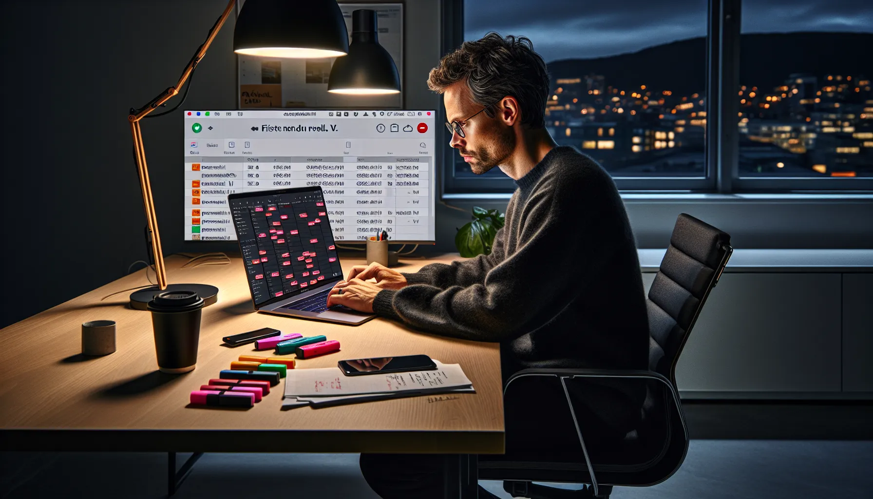 Tired norwegian office worker overworking late, editing slides under deadline anxiety.