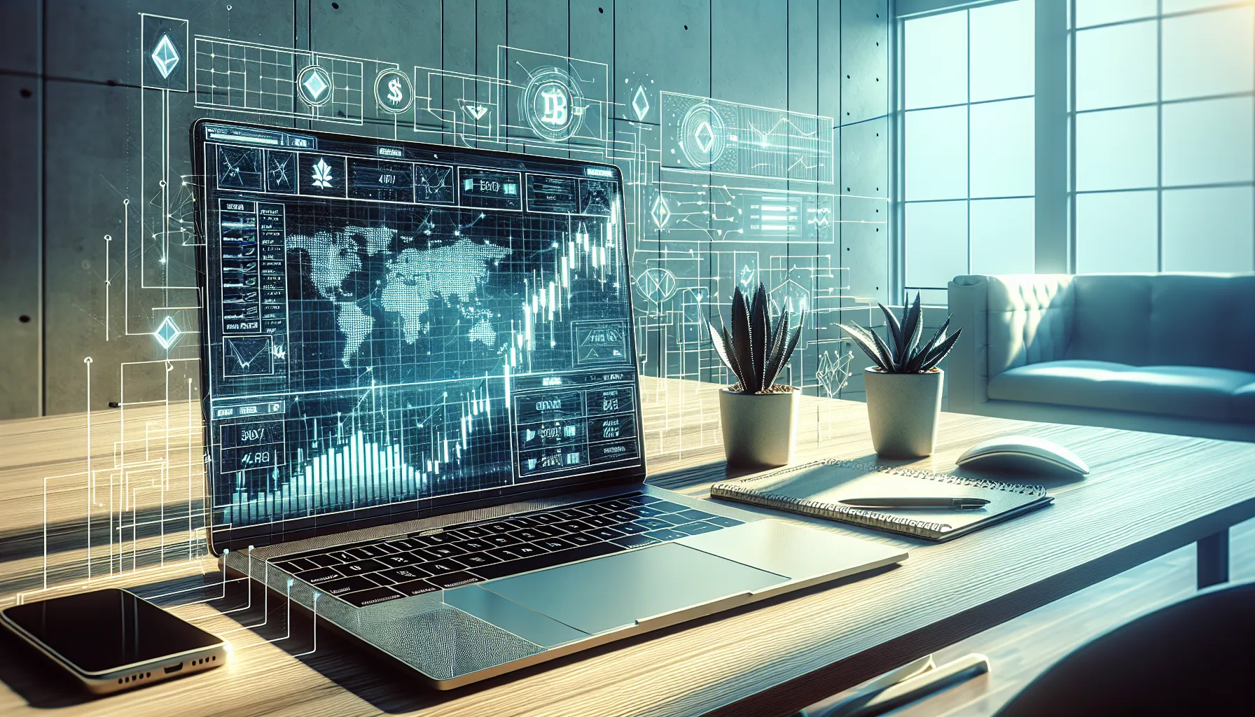 Laptop showing automated cryptocurrency trading grid bot dashboard on modern office desk.