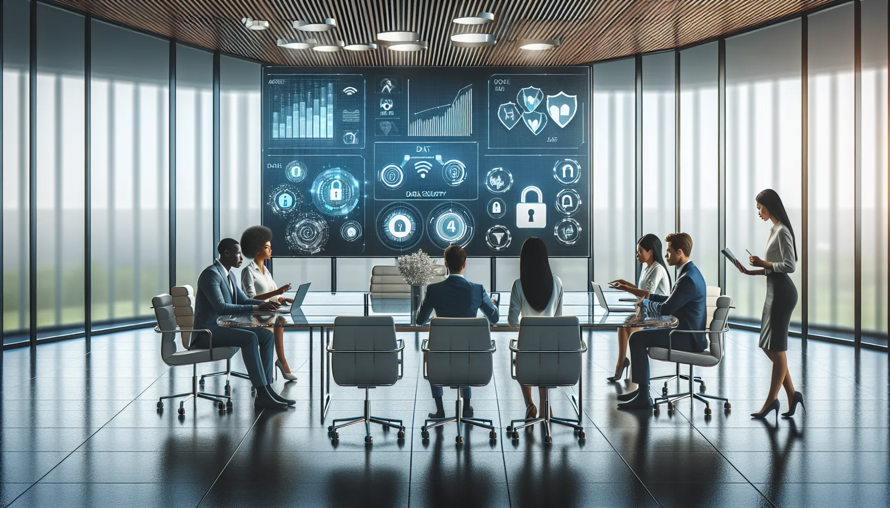 team discussing data privacy challenges in a modern office.