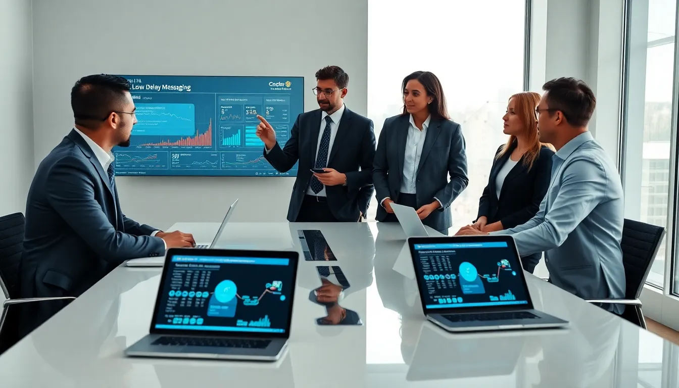 diverse team discussing Ultra-Low Delay Messaging in a modern office.
