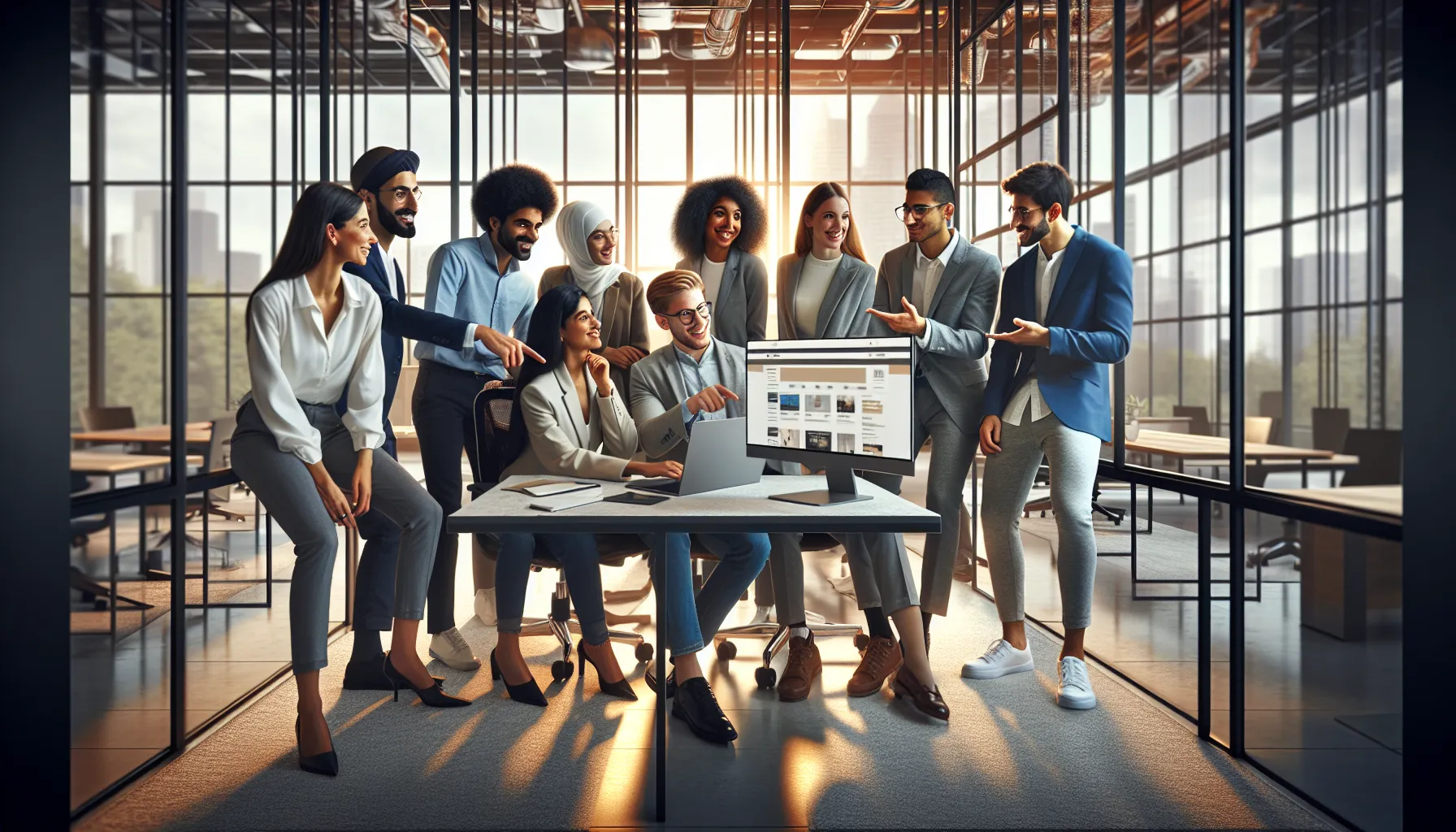 diverse team collaborating around a computer in a modern office setting.