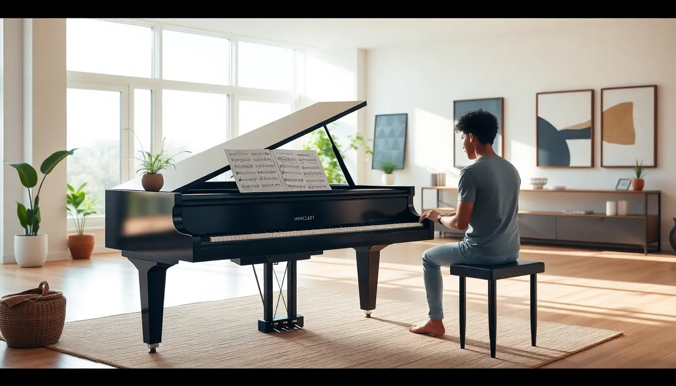 person playing the Minecraft theme song on a grand piano.