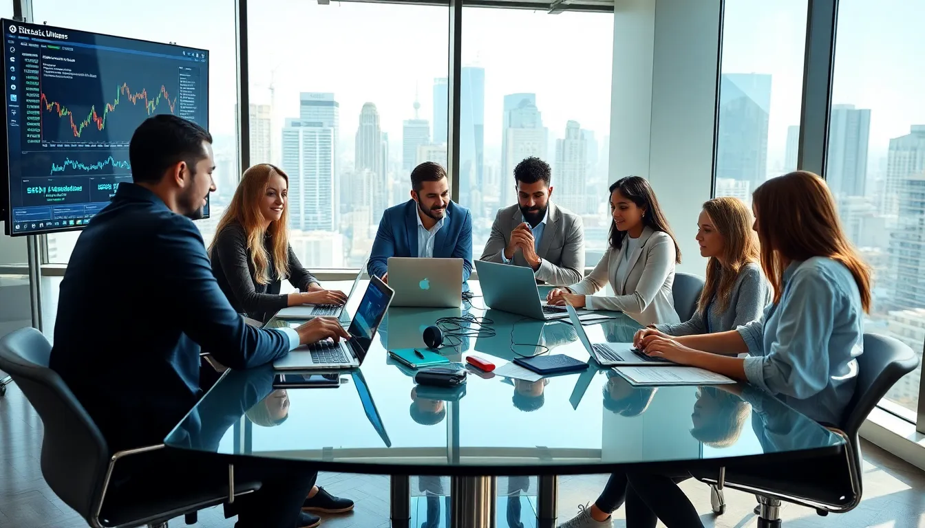 diverse professionals collaborating in a modern trading environment.