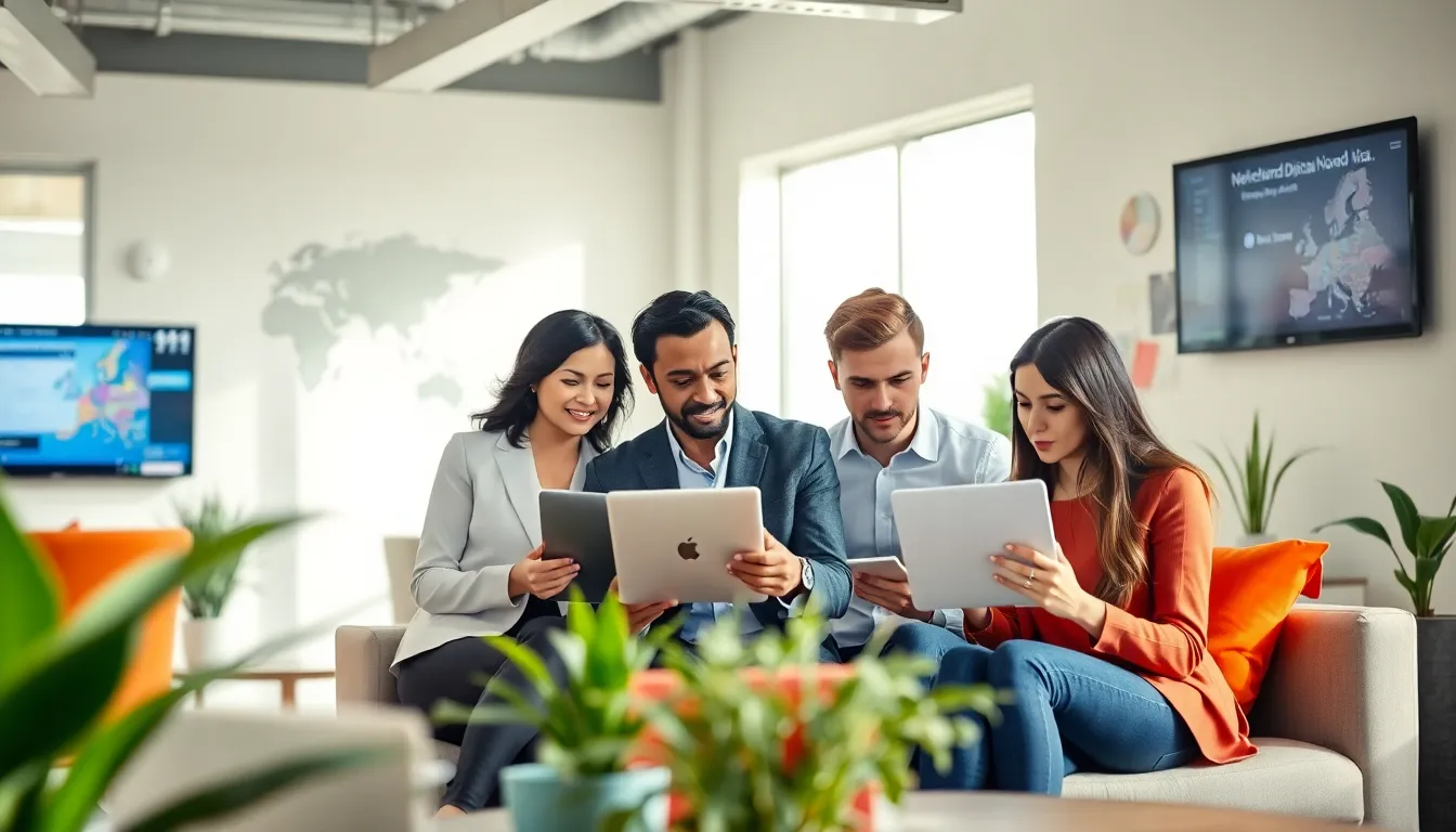 diverse professionals discussing the Netherlands Digital Nomad Visa in a modern office.