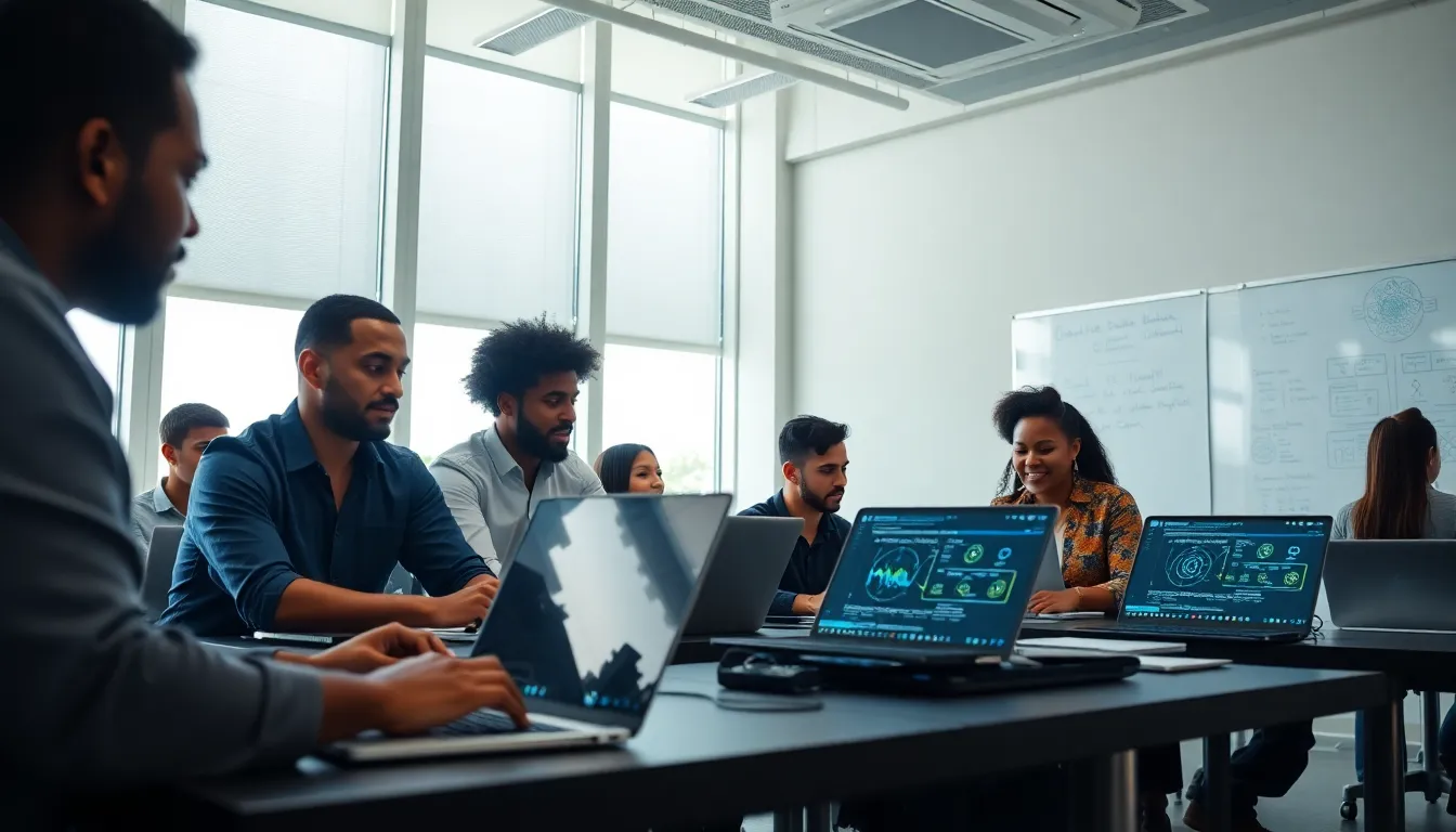 diverse participants in an AI bootcamp collaborating on projects.