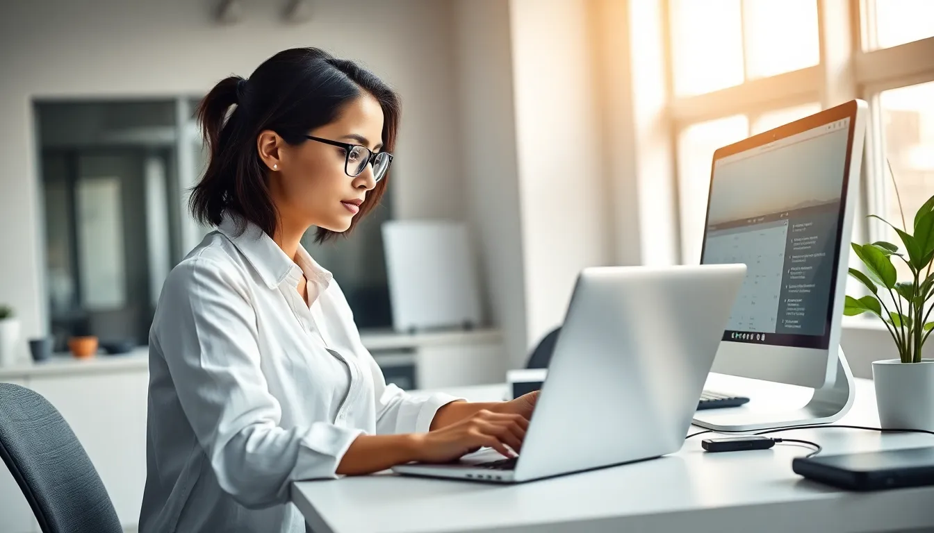 female developer testing Stonecap 3.0.34 software in a modern office.