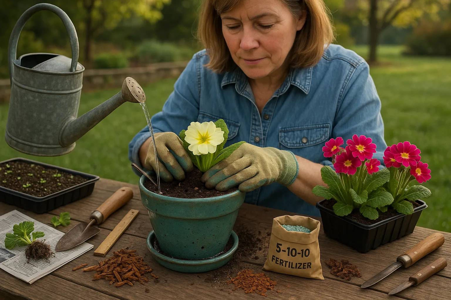 Gardener planting primrose beside polyanthus in a ceramic pot at morning.