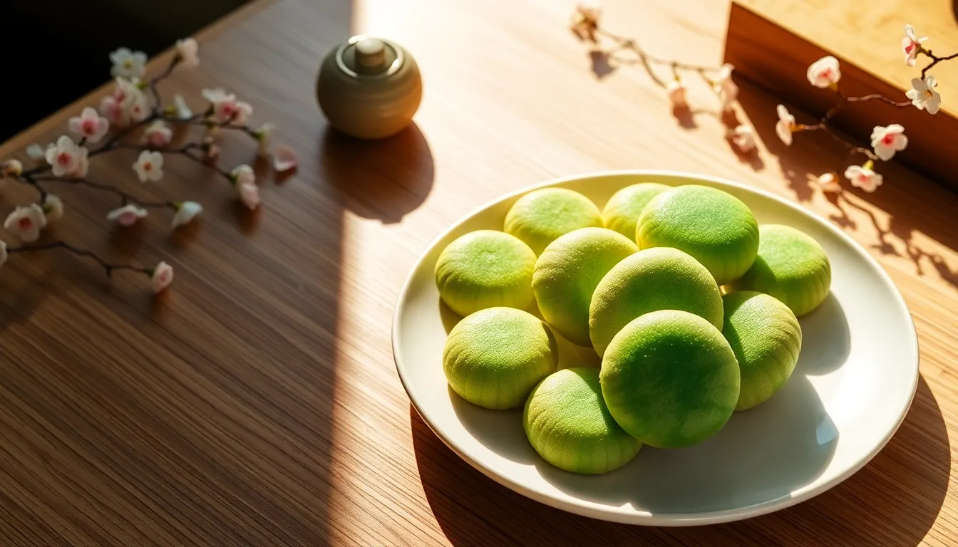 A plate of vibrant green mochi cookies with cultural elements in a cozy setting.
