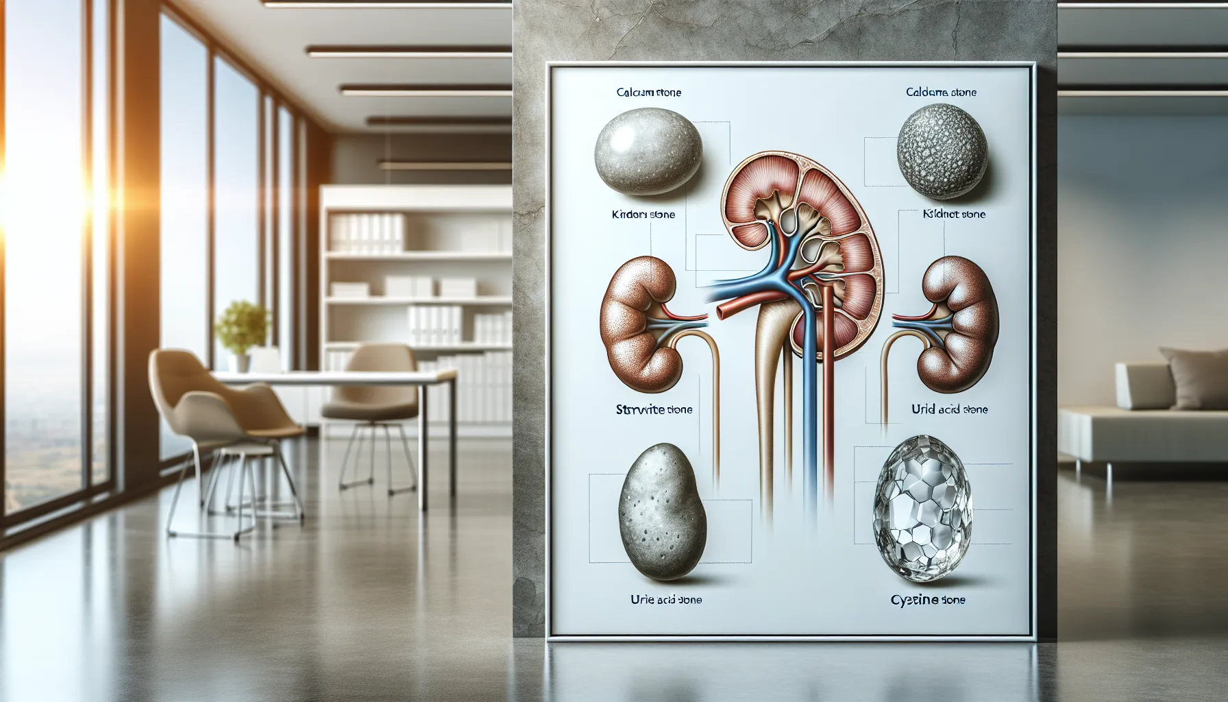 Illustration of four types of kidney stones in a medical setting.