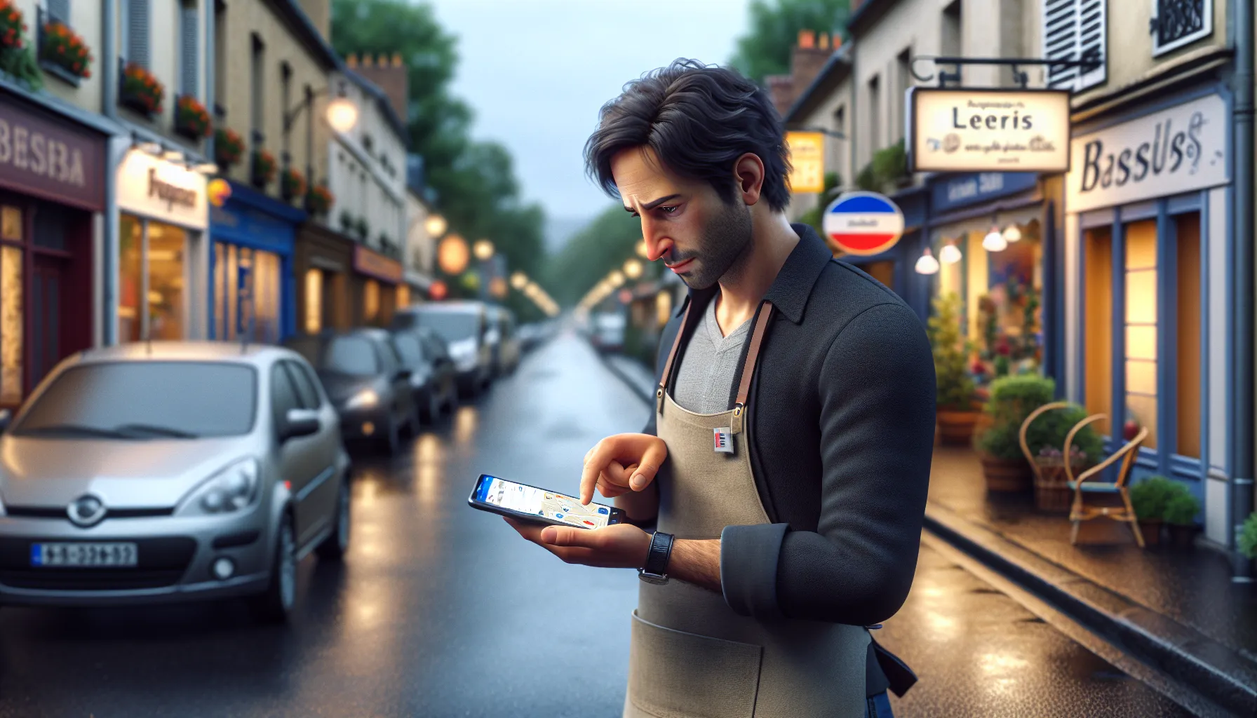 French shop owner checking local Google and Maps results on smartphone in Roissy-en-Brie.
