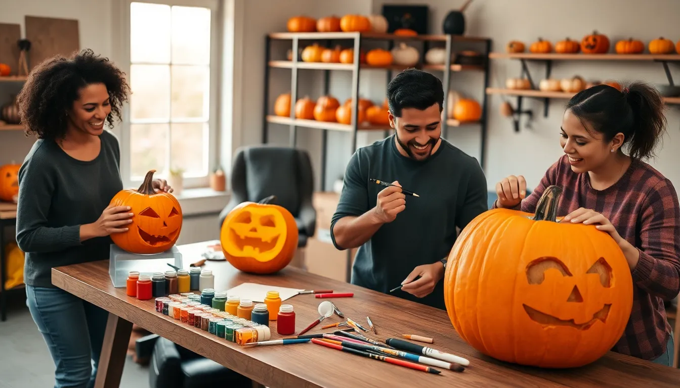 team creating pumpkins in a warm, inviting workshop.