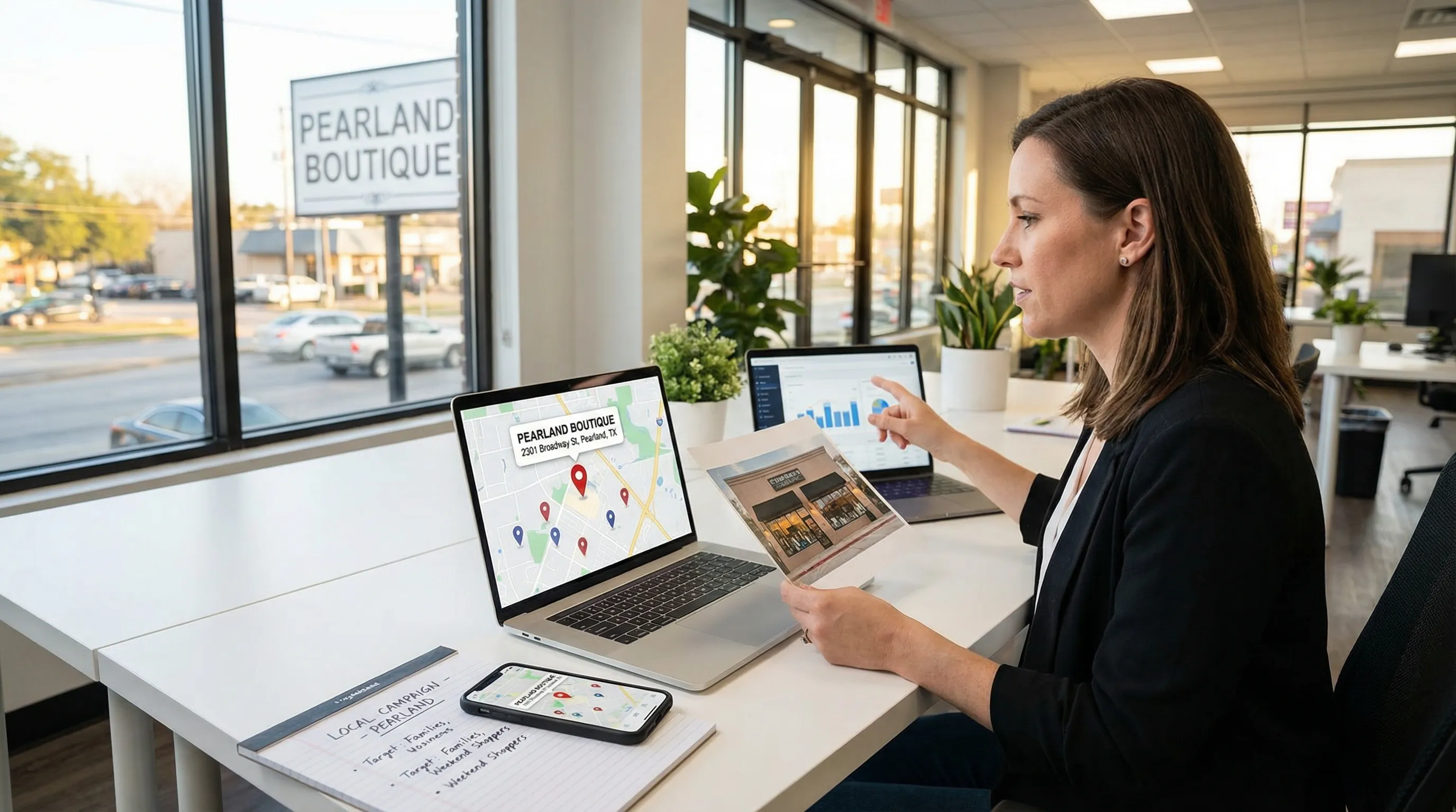 Marketer reviewing local search visibility for a Pearland storefront on a laptop in a bright modern office.