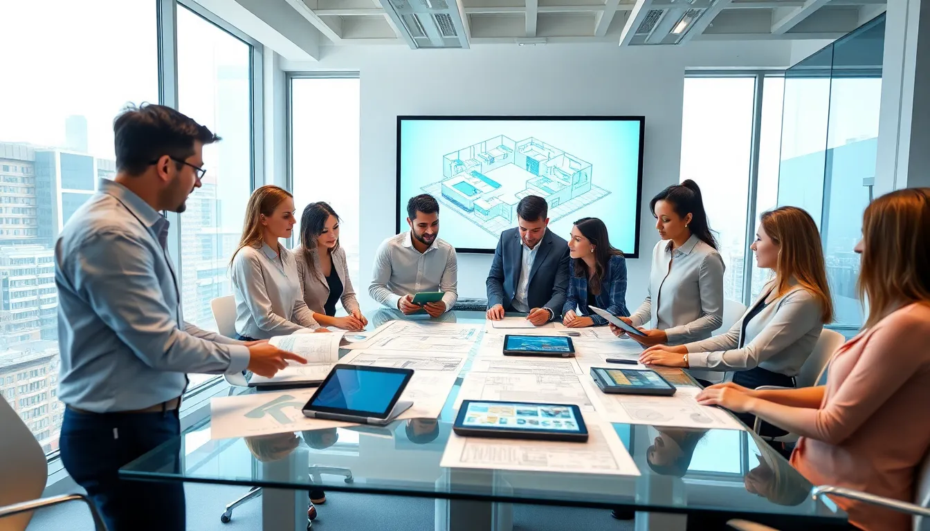 team discussing commercial remodelling plans in a modern office.