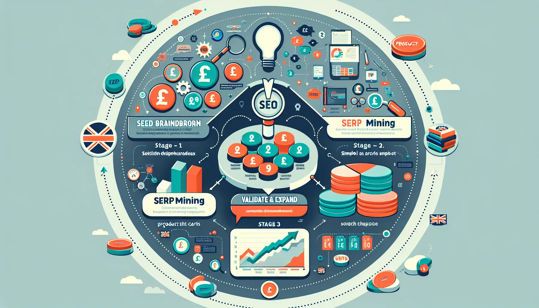 UK-focused SEO keyword research loop from brainstorming to SERP mining to validation.