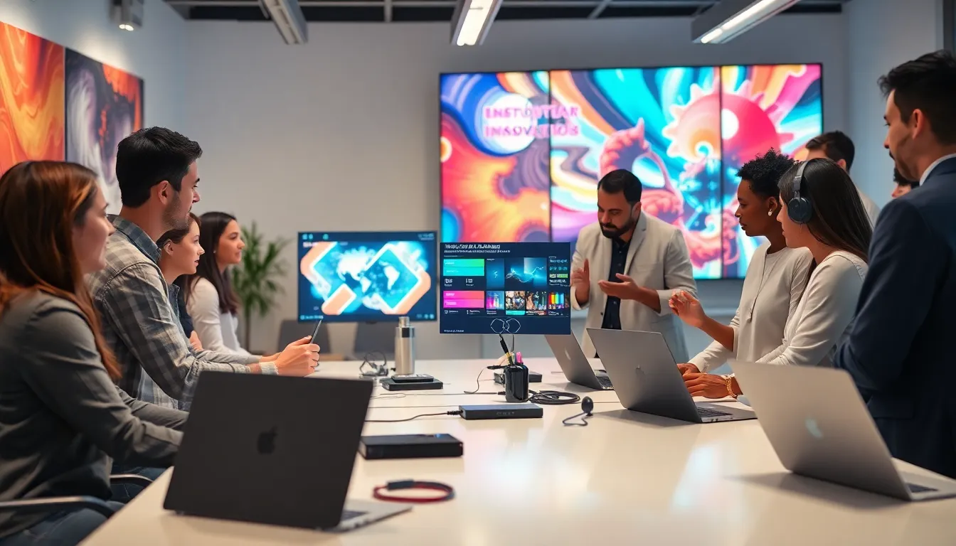 diverse team collaborating on technology in a creative workspace.