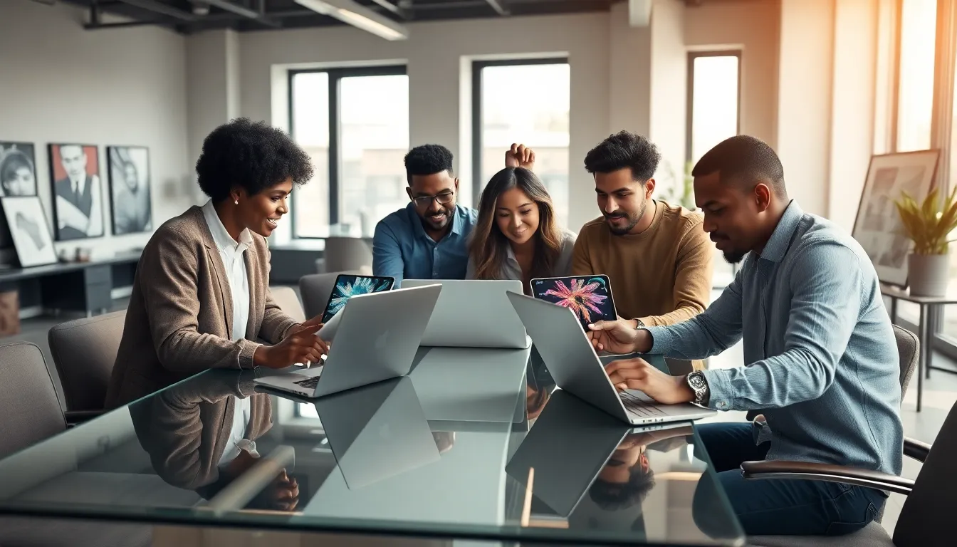 diverse professionals collaborating in a modern digital workspace.