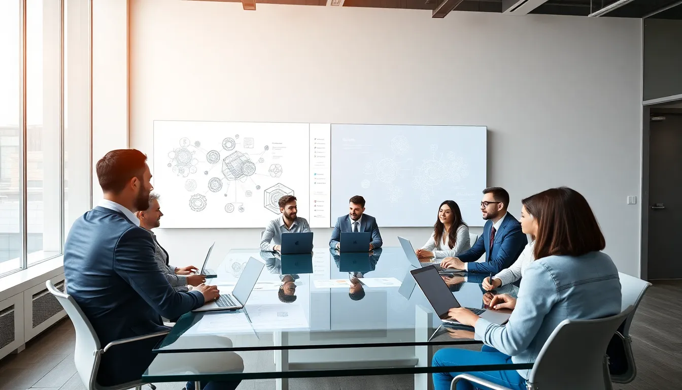 diverse team collaborating in a modern workspace.
