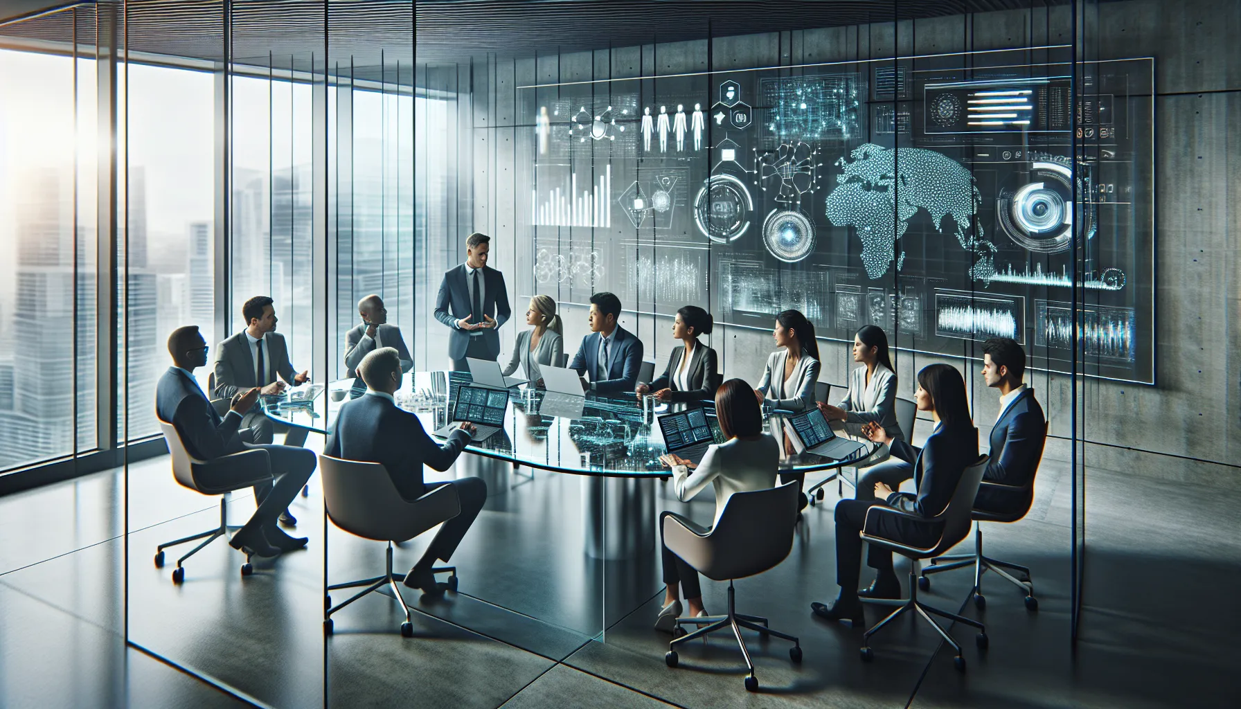 professionals collaborating on future tech developments in a modern office.