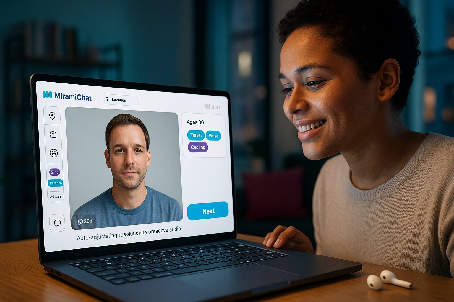 Young woman using Miramichat on laptop with minimalist UI and brand colors.