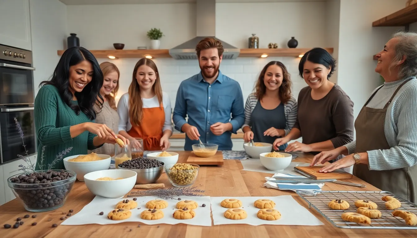 group of diverse bakers joyfully preparing cookies in a modern kitchen.