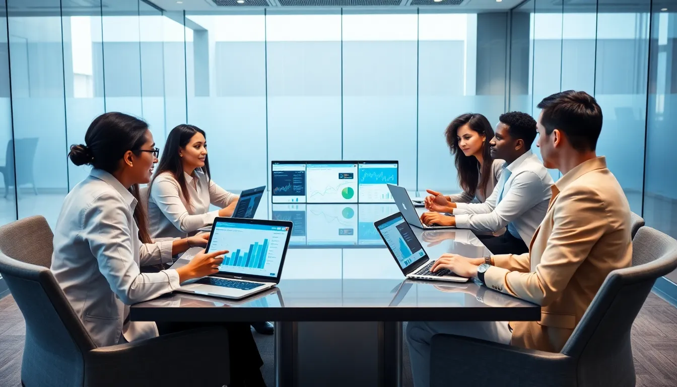 Diverse professionals discussing data analytics in a modern office.