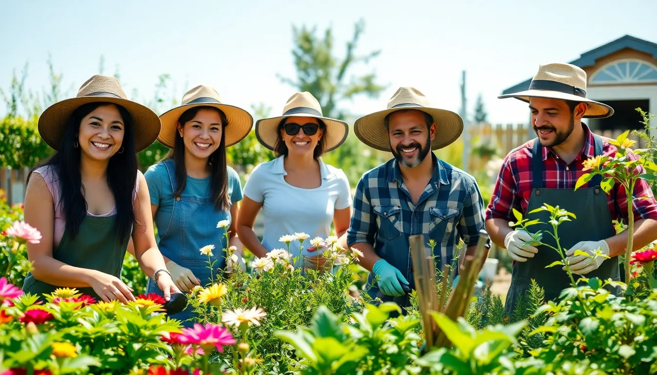 diverse gardeners wearing gardening hats in a vibrant garden setting.
