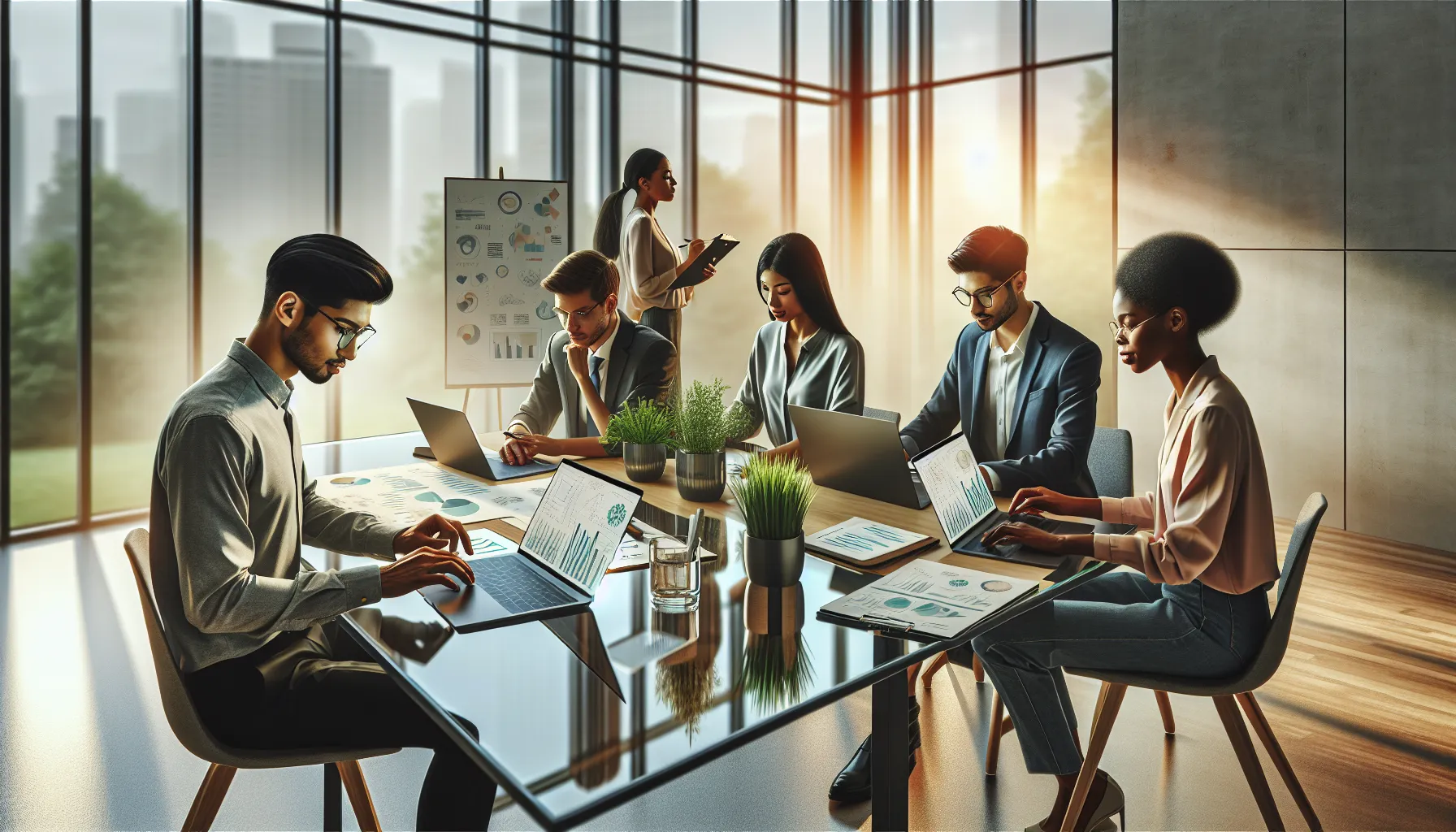 diverse team collaborating on project management in a modern office.