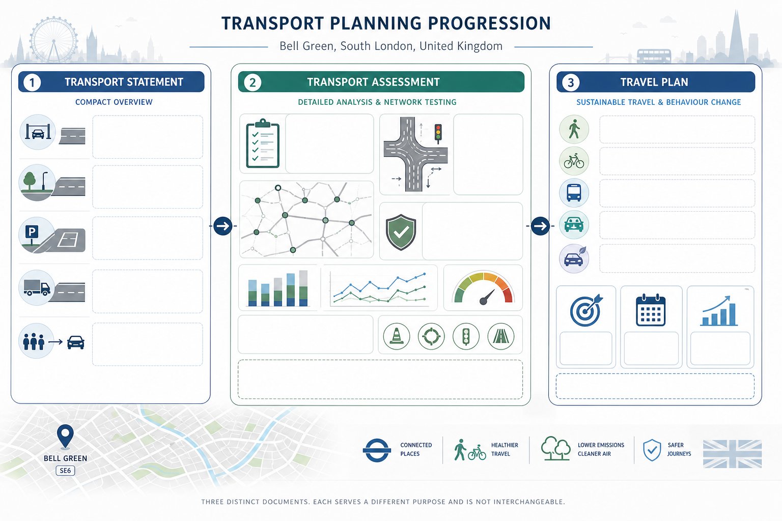 comparison infographic of Transport Statement, Transport Assessment, and Travel Plan.
