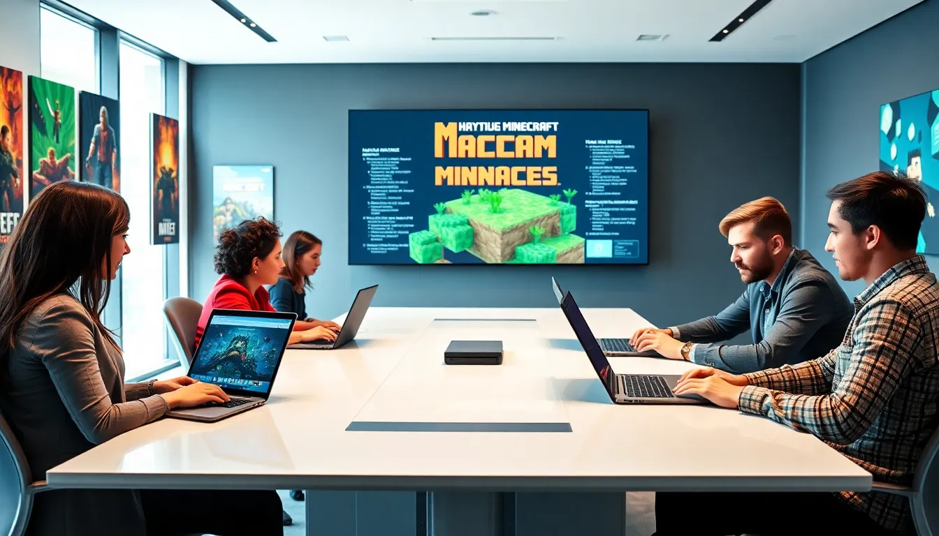 diverse team discussing Minecraft hacking in a modern office.